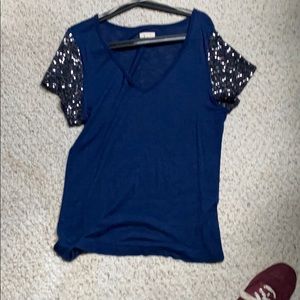 Sequin sleeve v neck shirt
